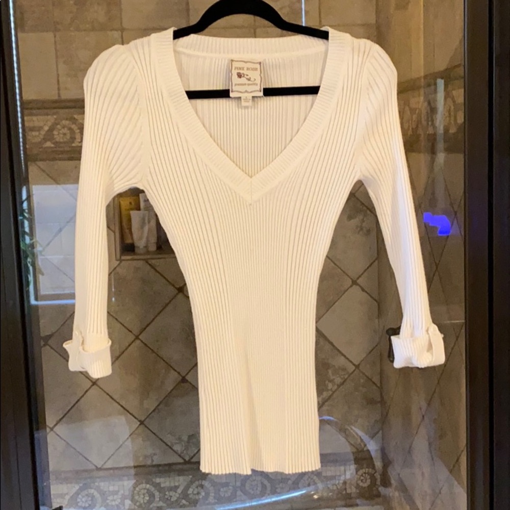 Pink rose white sweater